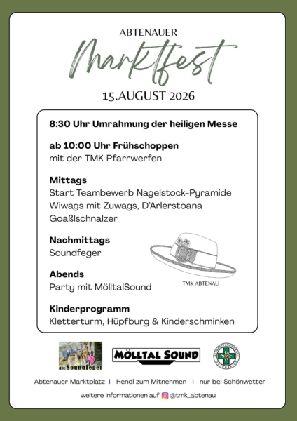 Abtenauer Marktfest am 15. August 2026 mit Programm und Trachtenhut